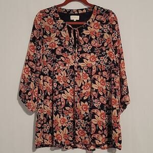 Melloday Paisley Floral Split Neck Tie Front Top size M navy orange boho